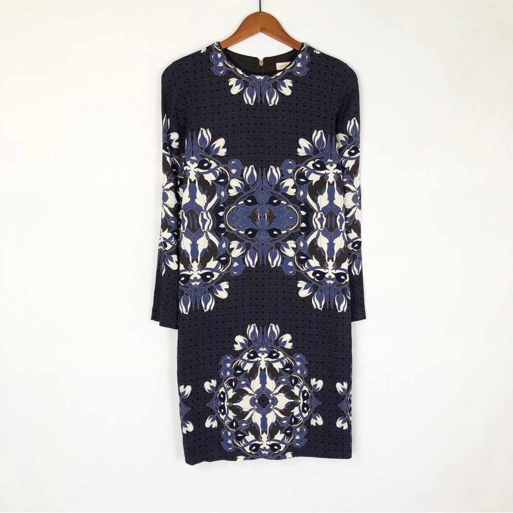 Tory Burch Flavia Floral Mini Dress Long Sleeve Jersey Stretch Size 6 Blue White